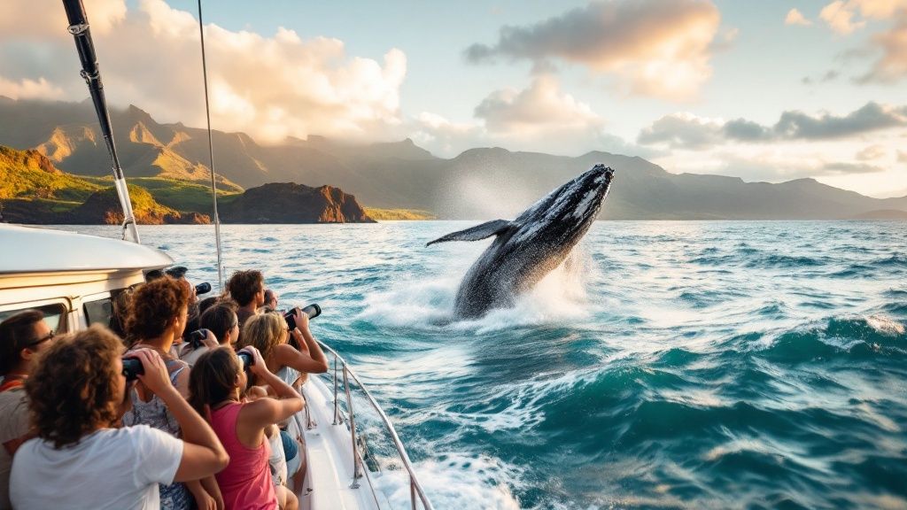 thumbnail_3e0d07 People on a boat watching a whale breach against a mountainous sunset backdrop.
