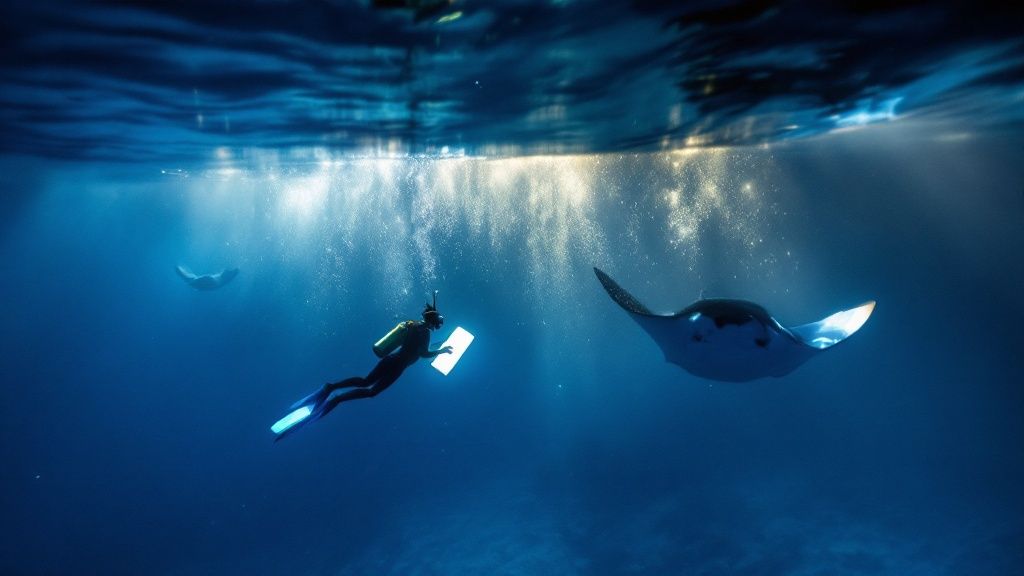 thumbnail_40e9e5 Diver swims underwater near a manta ray with sunlight filtering through the water above.