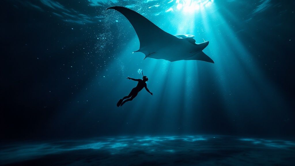 thumbnail_4745a3 Diver swims under a manta ray in sunlit, deep blue ocean.