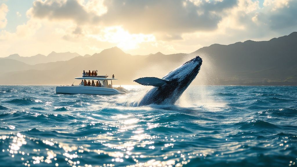 thumbnail_48c1e4 Whale breaching near a boat with tourists, mountains in the background, during sunset.