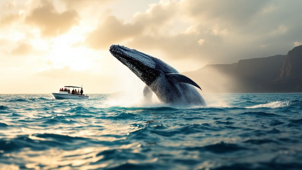 thumbnail_4f5ed2 Whale breaching near boat with sunset and mountains in background.
