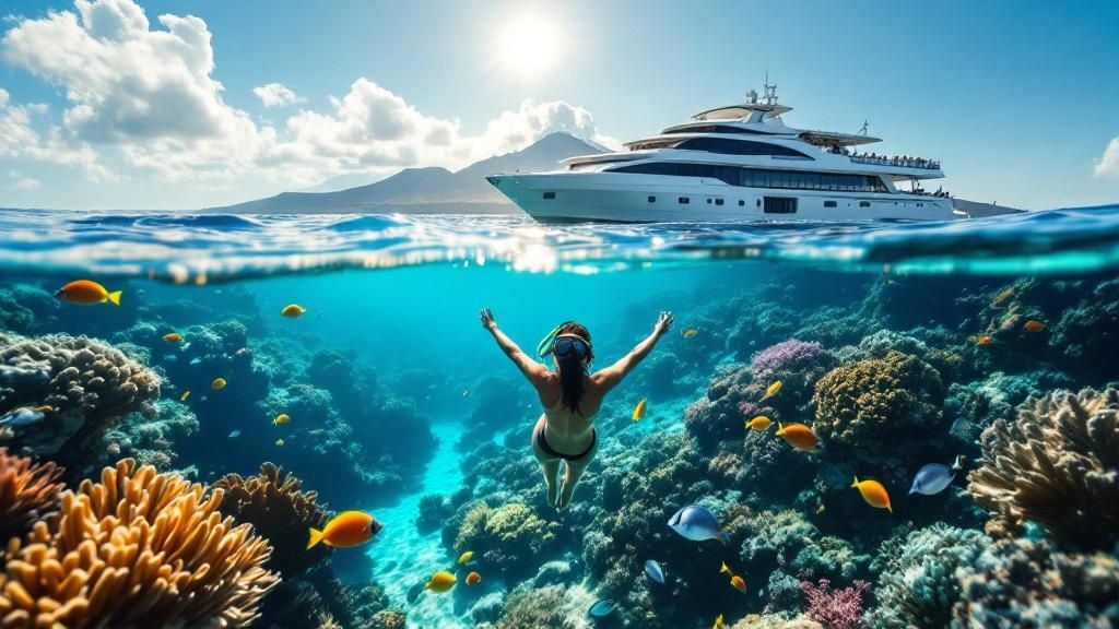thumbnail_5045a3 Snorkeler underwater near coral reef with fish, yacht above in background, clear sky.