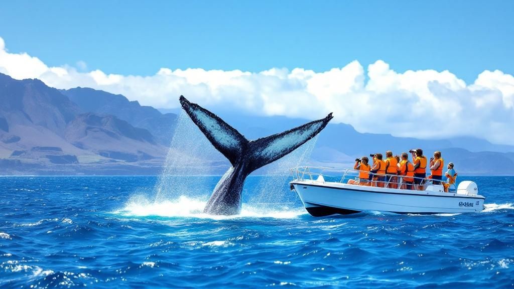 thumbnail_541ef6 Whale tail emerging near boat with people in life vests on ocean.