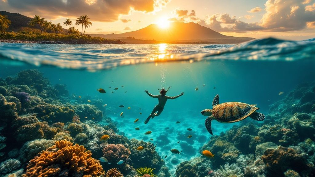 thumbnail_54e00c Person snorkeling with sea turtle near coral reef at sunset, with distant mountains and palm trees visible.