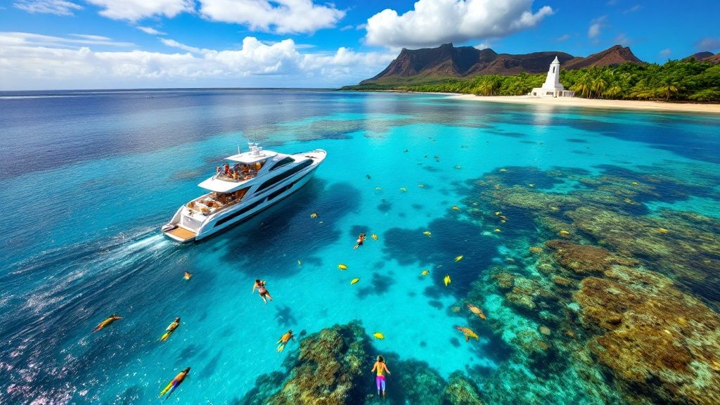 thumbnail_5896c0 Yacht in clear blue water with snorkelers around and mountains in the background.