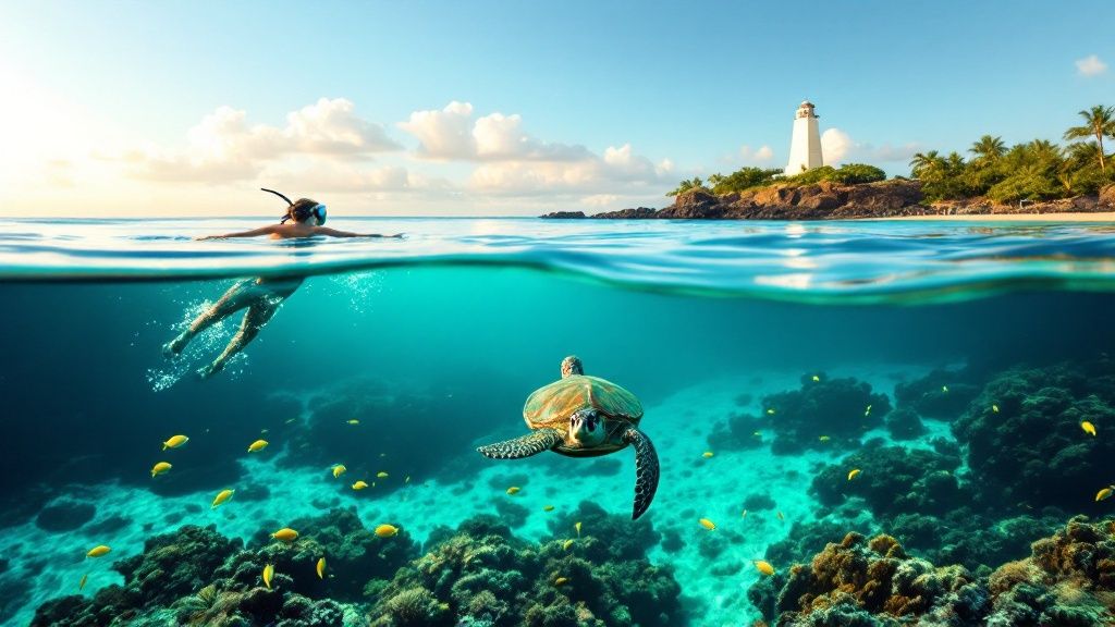 thumbnail_59ee01 Snorkeler and sea turtle in clear water near coral reef with lighthouse and palm trees on shore.