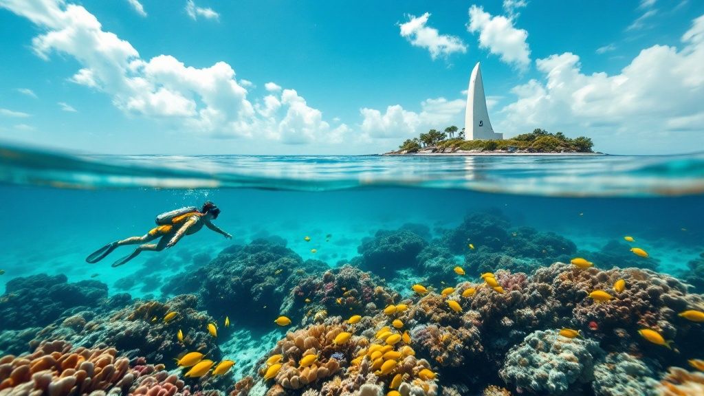 thumbnail_5bb5be A snorkeler swims above colorful coral reef with a tropical island and white tower in the background.