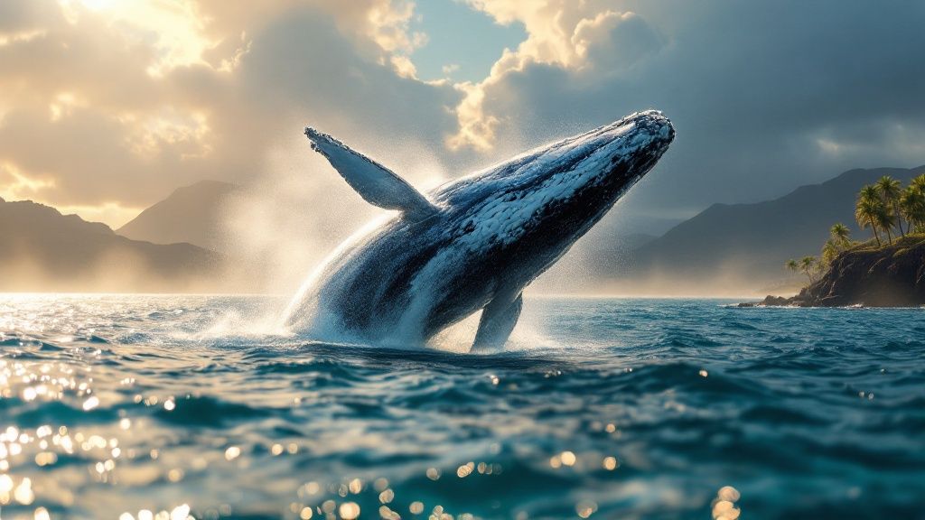 Whale breaching in ocean with mountains and palm trees in background under a cloudy sky.