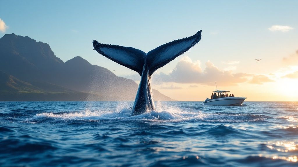 thumbnail_5fa23b Whale tail above ocean surface with boat in background, mountains and sunset sky visible.
