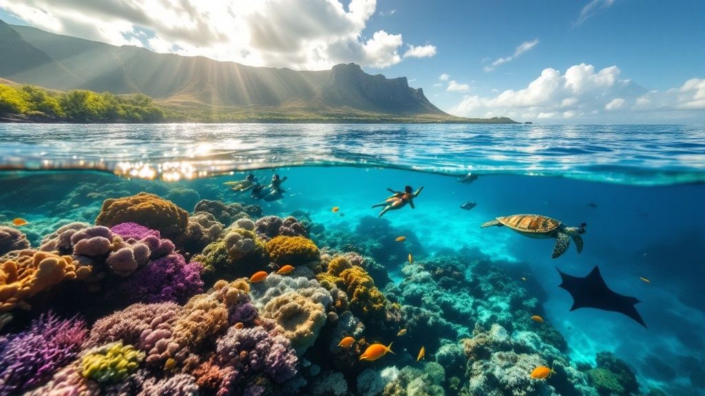 thumbnail_624e6d Split view of coral reef underwater and snorkelers above, with mountains in the background.