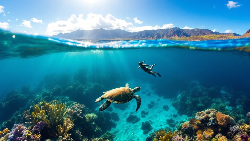 thumbnail_69b868 Snorkeler and sea turtle swimming over coral reef in clear ocean, mountains in background.