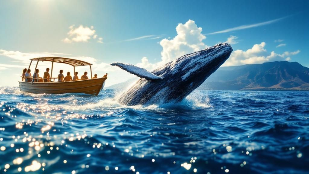 thumbnail_6ac4a8 A whale breaches near a boat with people under clear blue skies and distant mountains.