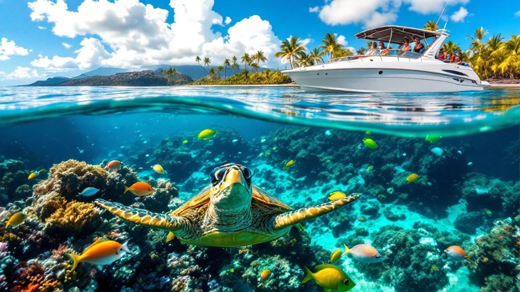 Underwater view of a turtle with fish and a boat on the sea surface near a tropical island.