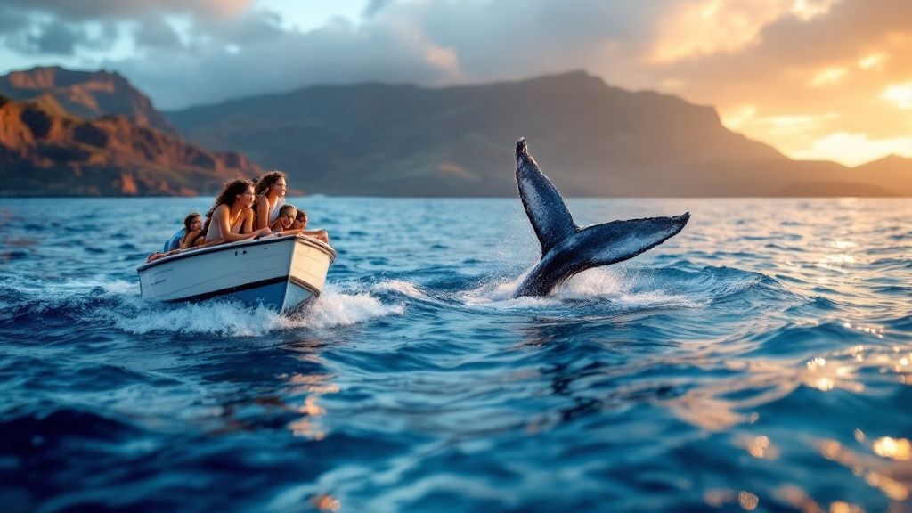 thumbnail_7088dc Boat with people near a whale tail in the ocean, mountains at sunset.