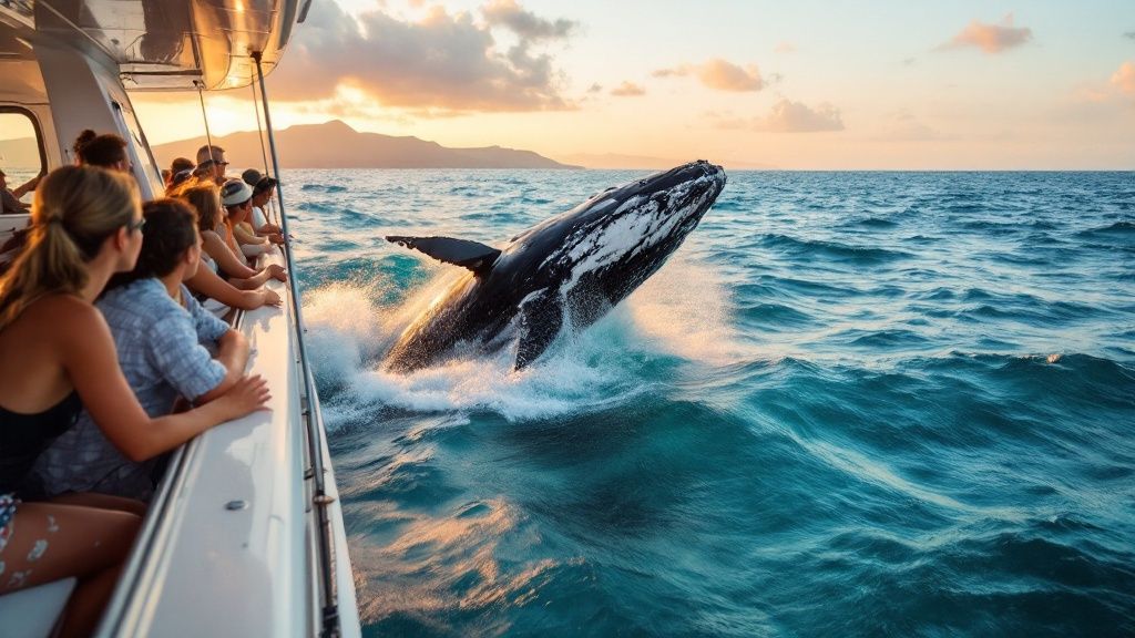thumbnail_75afb7 Whale breaching near a boat with people watching at sunset.