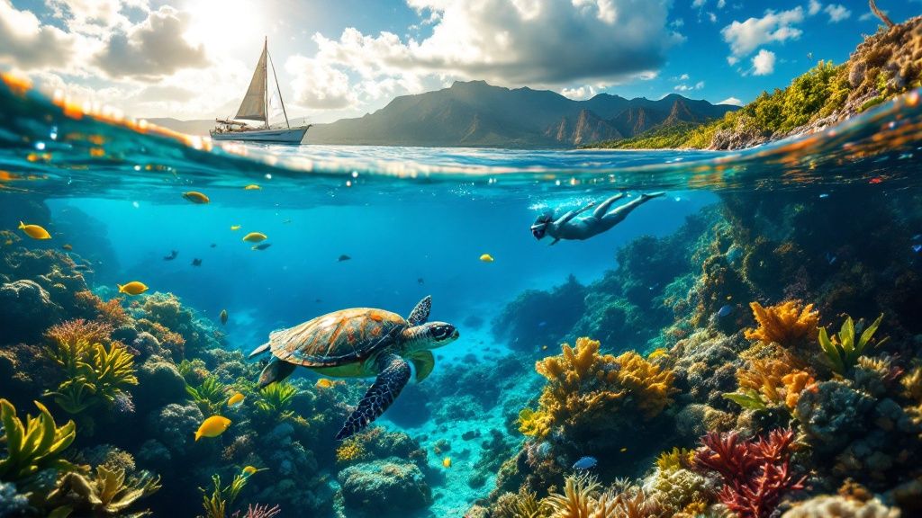 thumbnail_763e75 Split view of coral reef with turtle, snorkeler, and sailboat on surface under sunny sky.