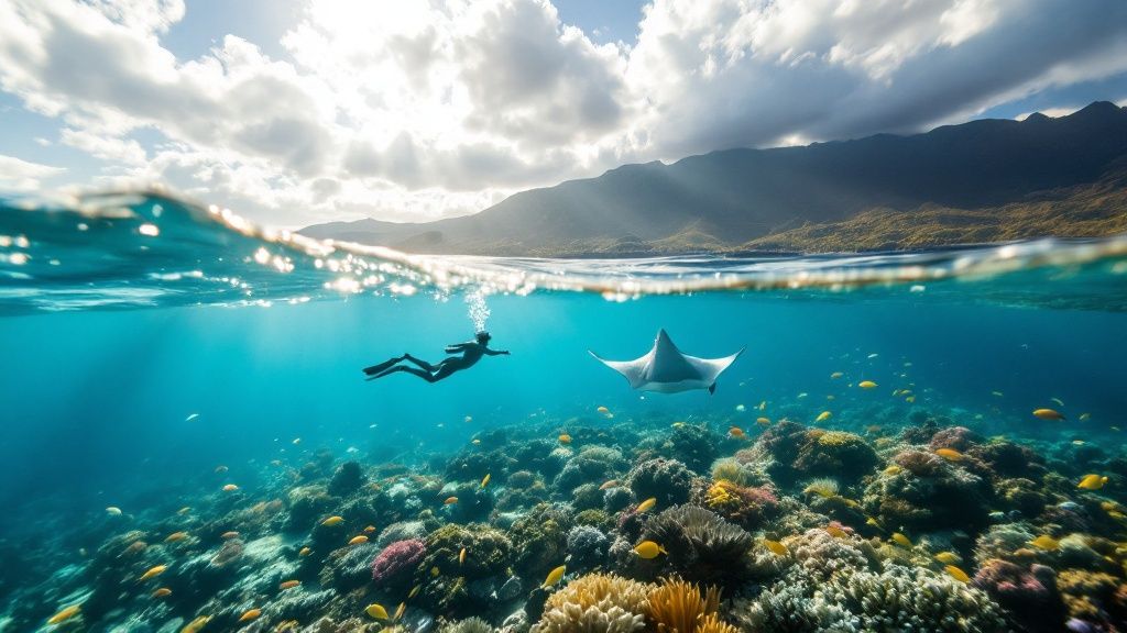 thumbnail_78f35e Person snorkeling near coral reef with manta ray, clear water, and mountains in background.