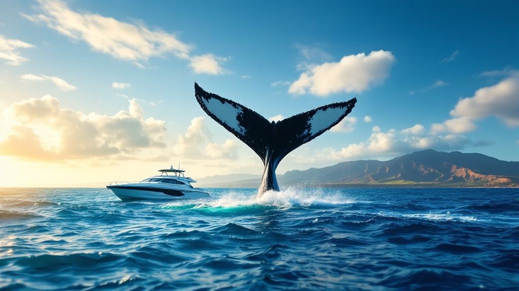 thumbnail_79f882 Whale tail emerging near a boat on the ocean with a mountain background.