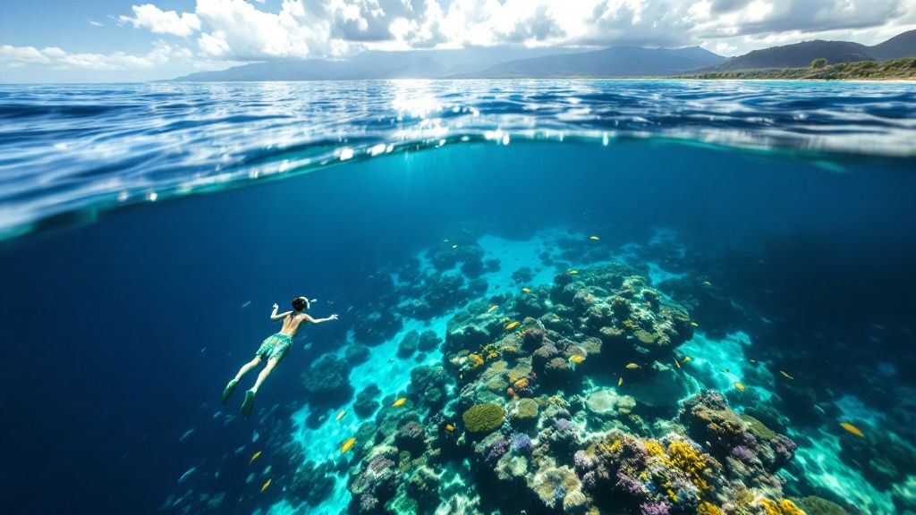 thumbnail_7c1975 Person snorkeling in clear ocean over vibrant coral reef near coastline.