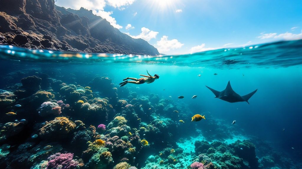 thumbnail_7c378b Snorkeler swims near colorful coral reef with fish and a manta ray, under a sunny sky.
