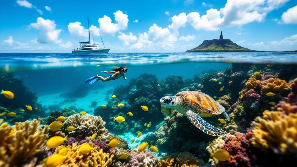 thumbnail_7fb5a9 Snorkeler with sea turtle above coral reef; yacht and island in background.