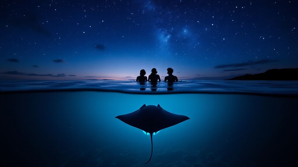 thumbnail_827759 Three people swimming at dusk with a manta ray underwater, starry night sky above.