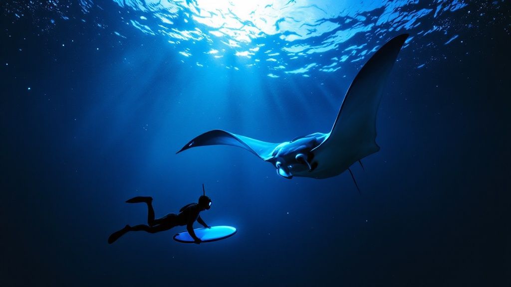 thumbnail_850350 Diver swimming near a manta ray in deep blue ocean with sunlight above.
