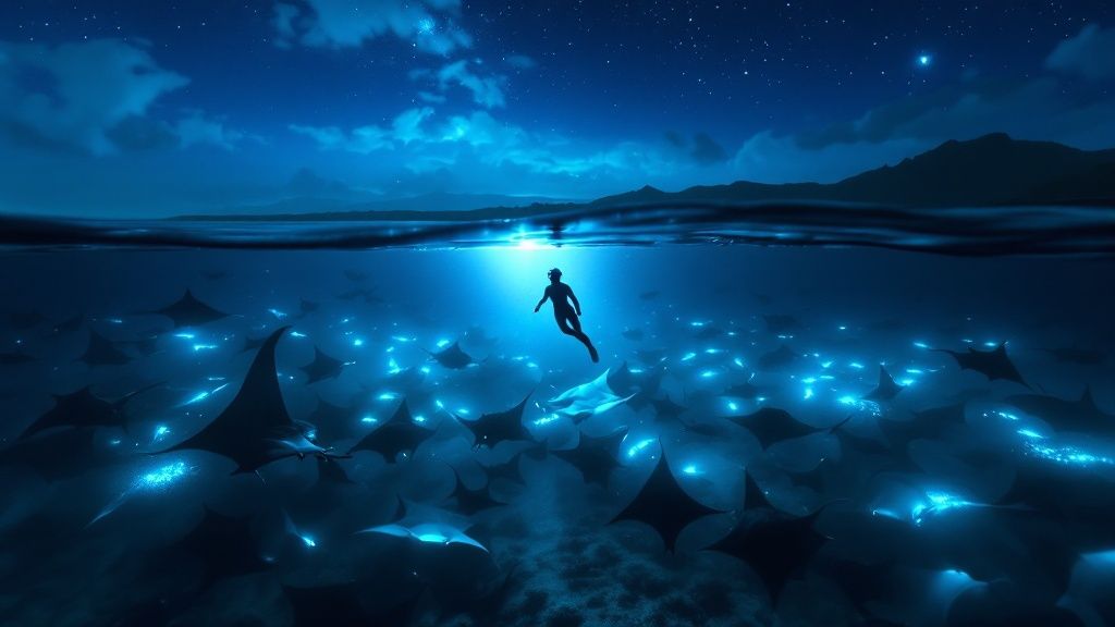 thumbnail_892d4e Underwater view of a diver and glowing manta rays at night with a starry sky above.