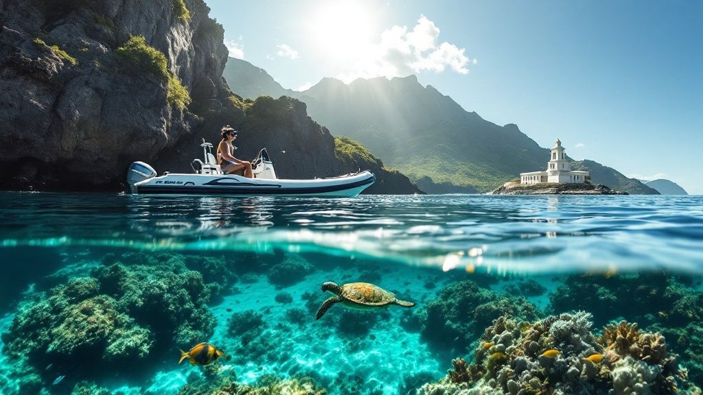 Boat on water with island temple in background, turtle and coral reef visible underwater.