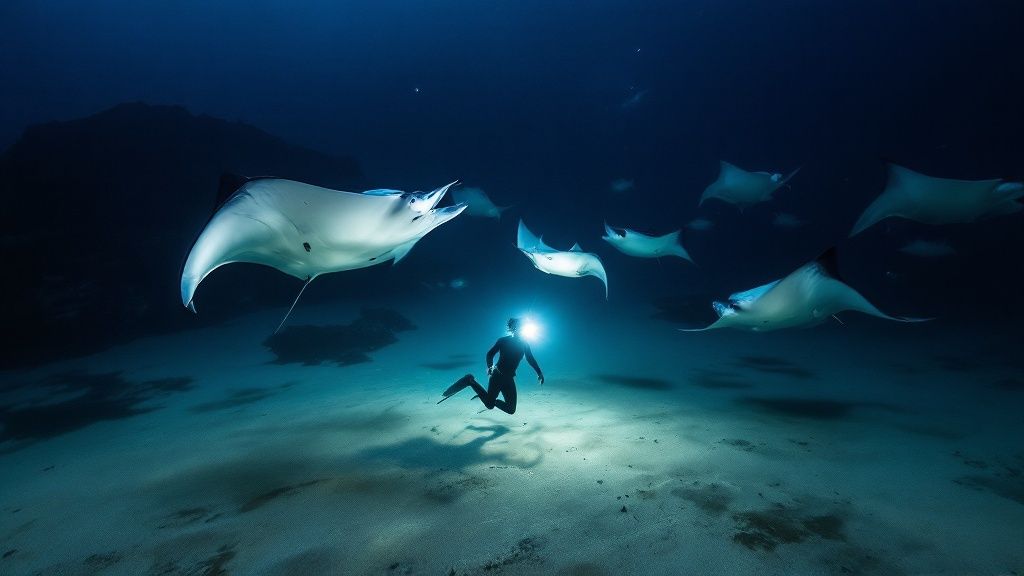 thumbnail_8c99dc Diver underwater at night with multiple manta rays swimming nearby, illuminated by a bright light.