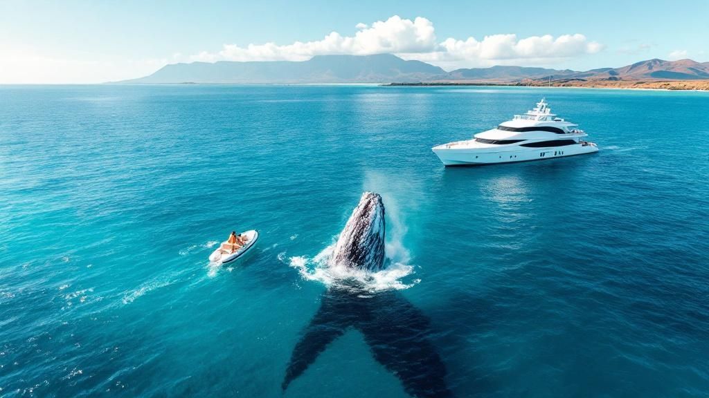 Whale surfaces near small boat and yacht on clear blue ocean with distant coastline.