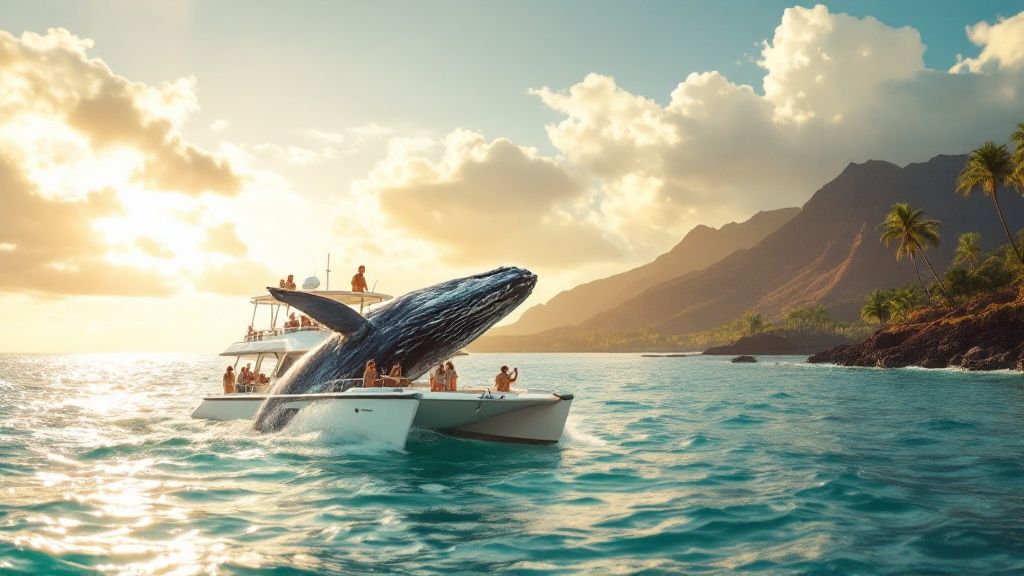 thumbnail_969c8c Whale breaching near a catamaran with people, against a scenic sunset and mountainous tropical landscape.