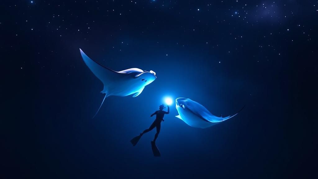 thumbnail_990ccb Diver holding light surrounded by two manta rays in a dark, starry night underwater scene.