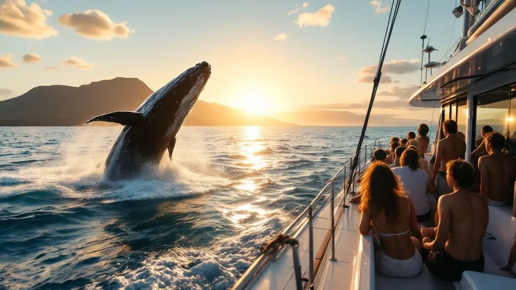 thumbnail_9be48e Whale breaching near a boat with people watching at sunset over the ocean.
