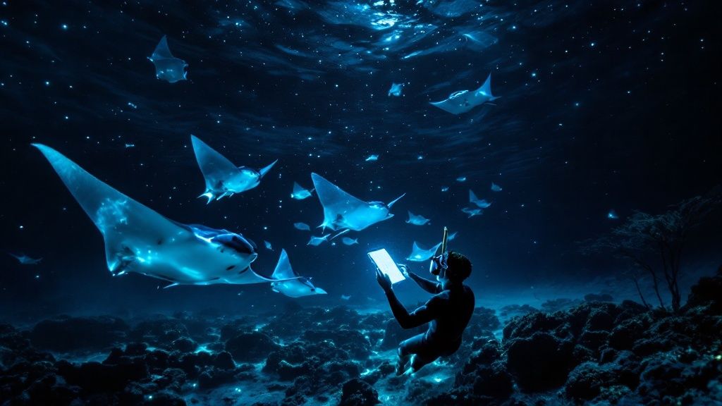 thumbnail_9c4f61 Underwater scene with person holding tablet surrounded by glowing manta rays.