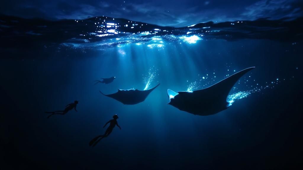 thumbnail_9f43fd Divers swimming with manta rays underwater, illuminated by sunbeams.