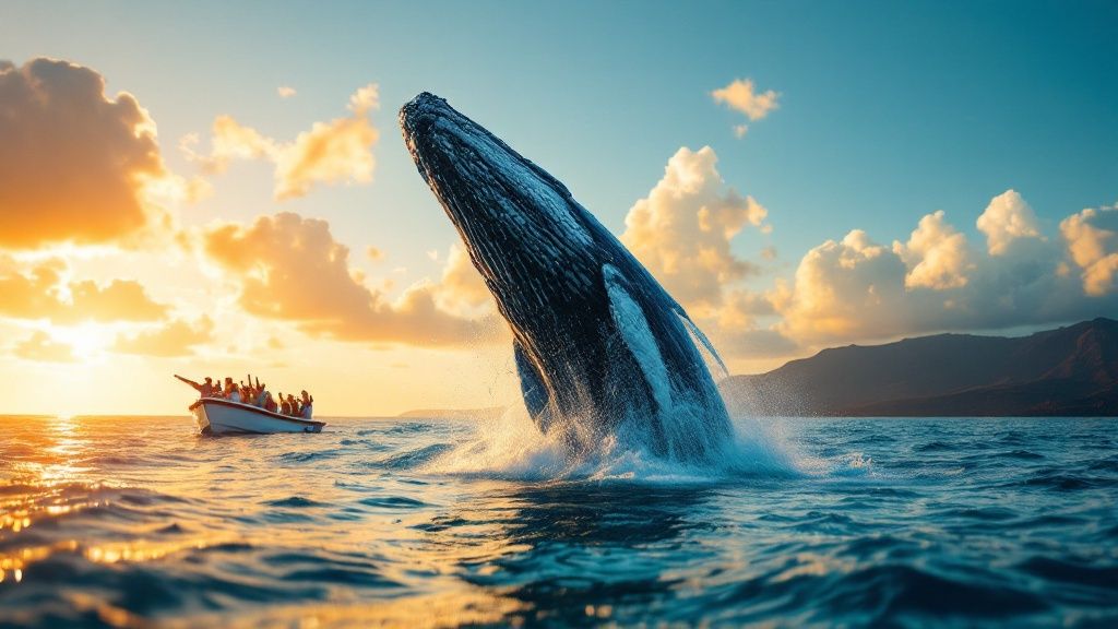 thumbnail_9f6530 Whale breaching near a small boat at sunset, with mountains and clouds in the background.