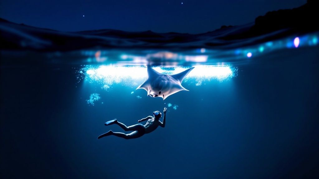 A diver and manta ray swimming under a brightly lit surface at night.
