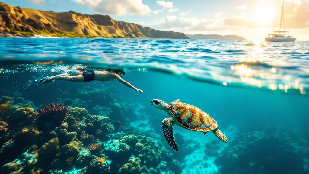 thumbnail_a5b18e Person swimming underwater near a sea turtle with coral reef, sailboat, and sunset in the background.