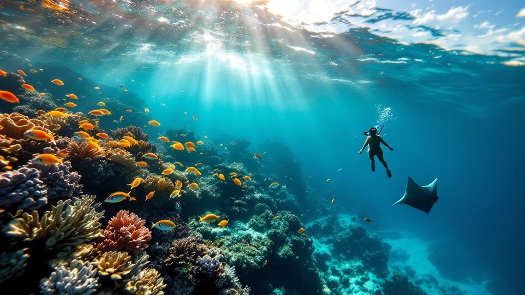 thumbnail_a78fa0 Snorkeler swims near coral reef with colorful fish and manta ray under sunlit ocean.