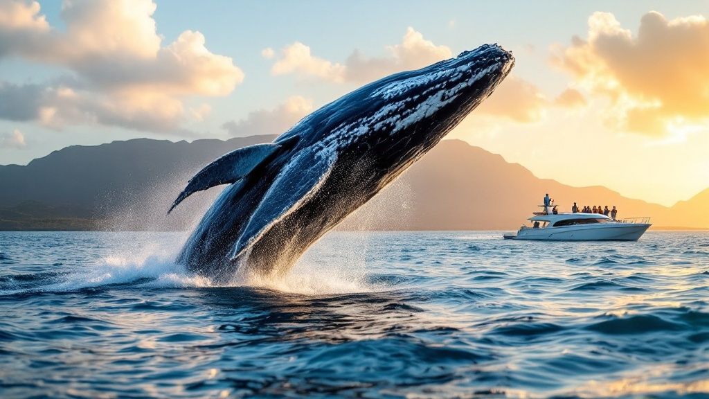 thumbnail_acf3ec Humpback whale breaching near a boat with mountains and sunset in the background.
