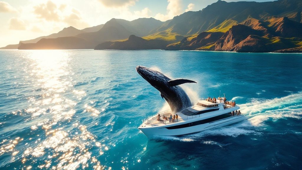 thumbnail_ae4f49 Humpback whale breaching near a boat with mountains and sunset in the background.