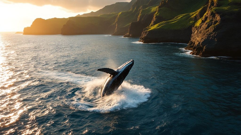 Whale breaching near rocky cliffs at sunset with water splashing around.