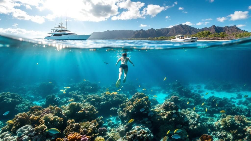 thumbnail_b06a94 Split view of a snorkeler under water with yachts and mountains in the background.