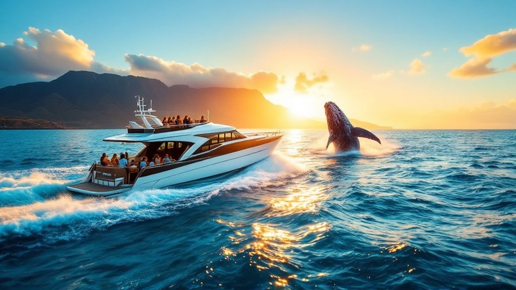 Yacht with passengers near a breaching whale at sunset, with mountains in the background.