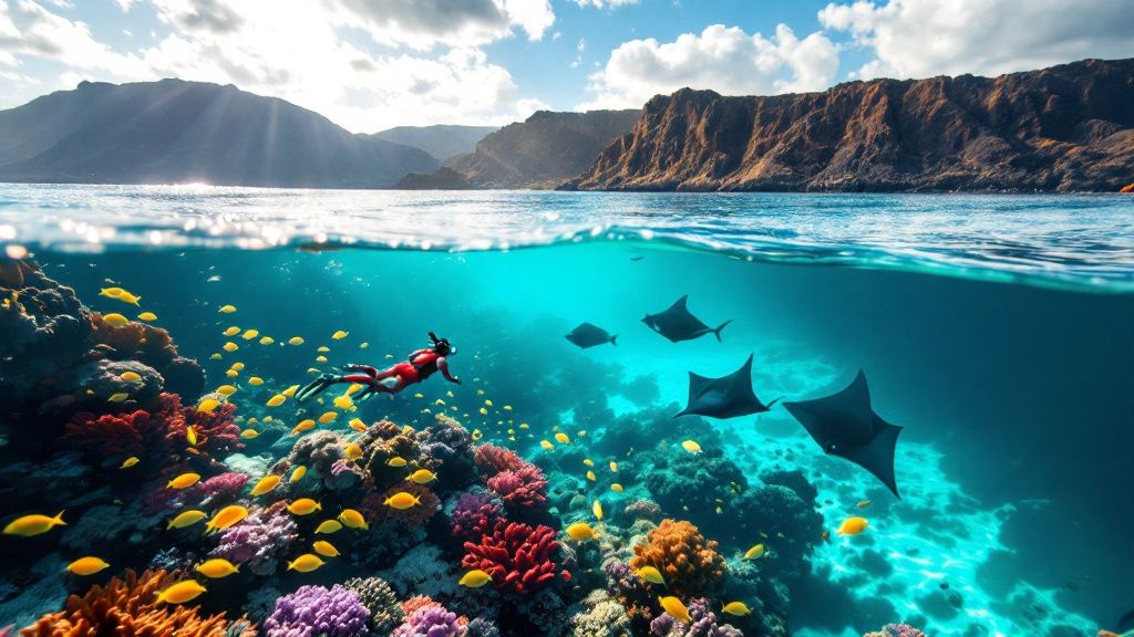 thumbnail_ba198e Snorkeler swims near colorful coral and fish with manta rays, mountains in background, half above water view.