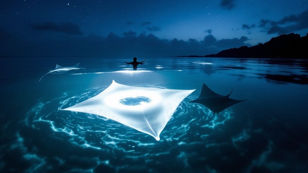 thumbnail_bc4004 Bioluminescent manta rays and person swimming under starry night sky.