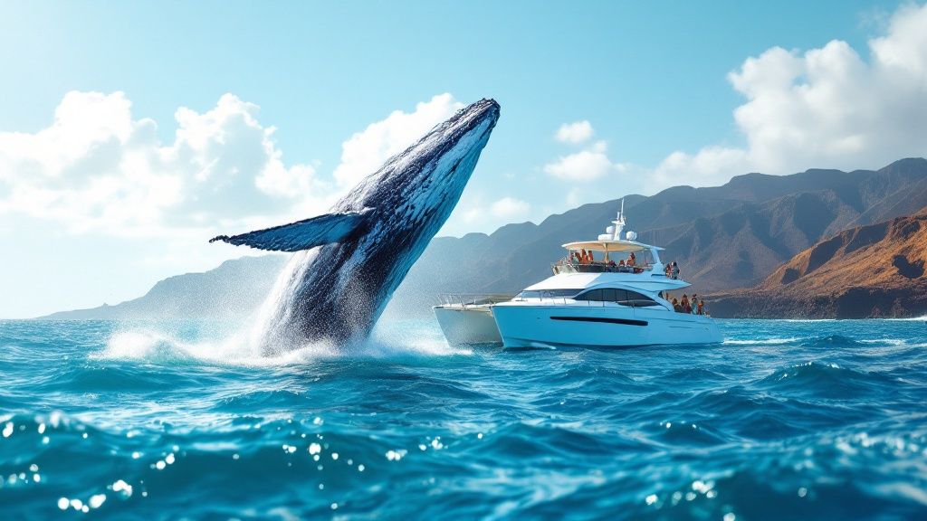 thumbnail_c02912 Whale breaching near a yacht in blue ocean with distant mountains.