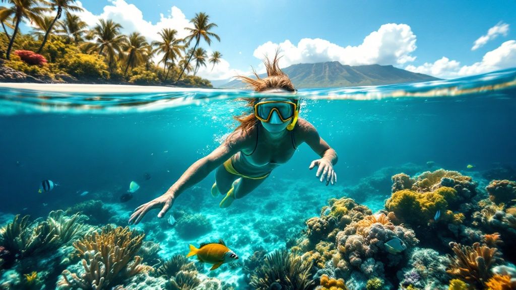 thumbnail_c0f5d2 Person snorkeling over a coral reef near palm-lined beach and mountain.
