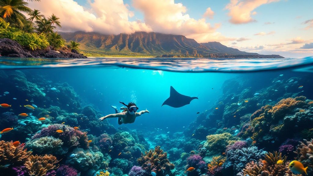 thumbnail_c59711 Snorkeler and ray in vibrant coral reef, with mountains and sky in the background.